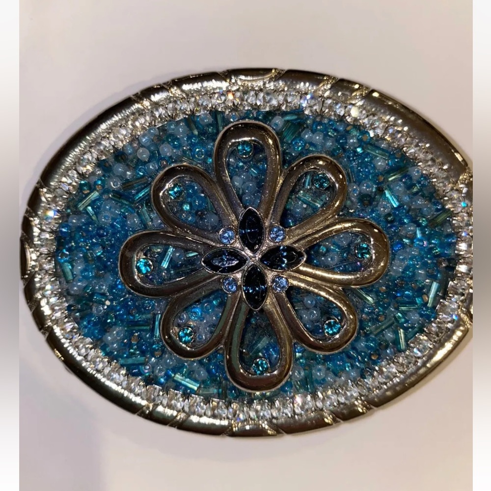Bejeweled Western Blue & Diamond Woman Silver Belt Buckle W Stoned Broach.